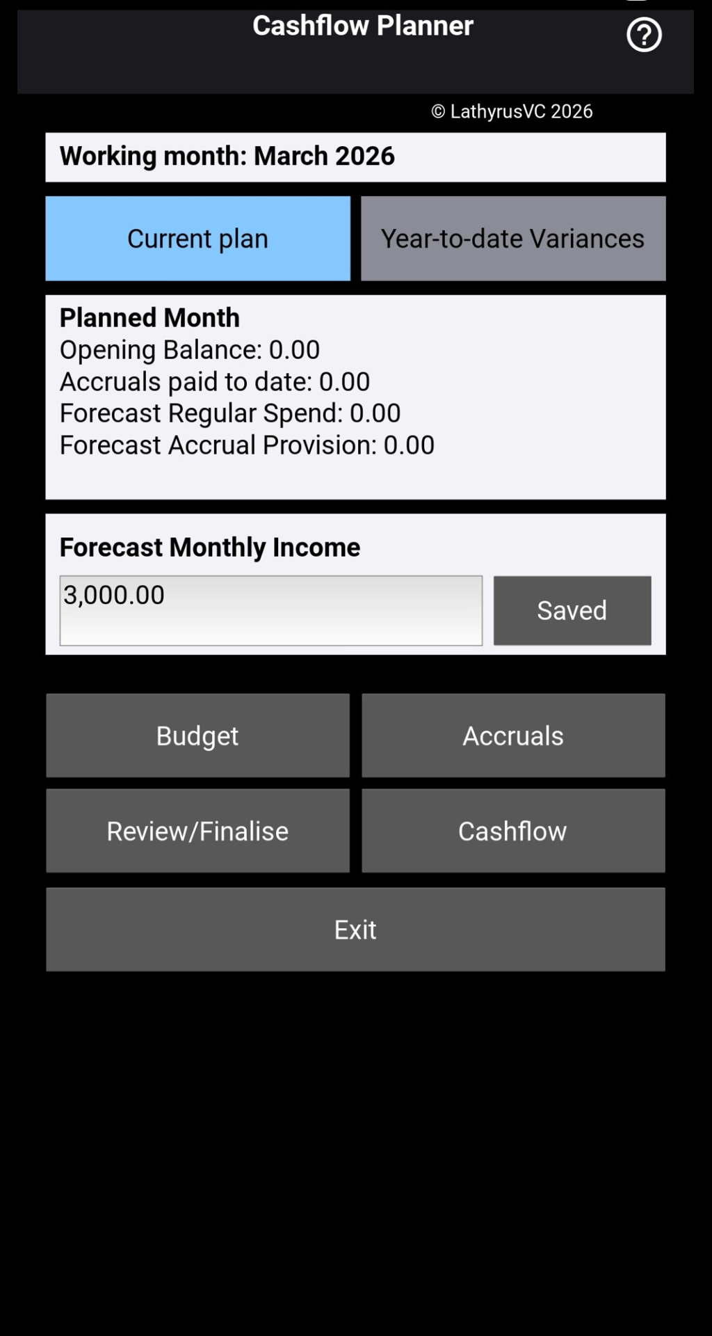 Cashflow Planner home screen showing monthly planning, budgets and accruals