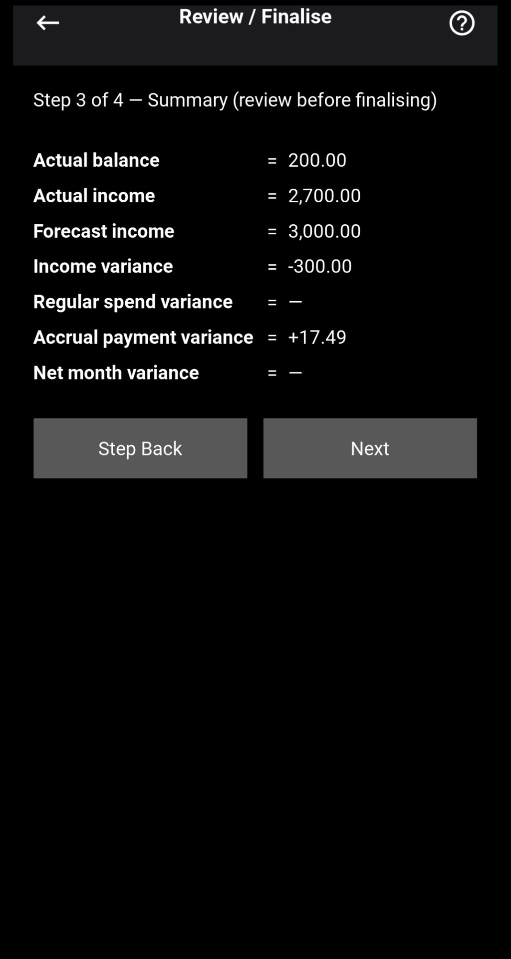 Cashflow Planner review and finalise screen comparing actual and forecast income